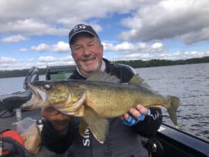Tom Neustrom and walleyes in shallows in Grand Rapids MN