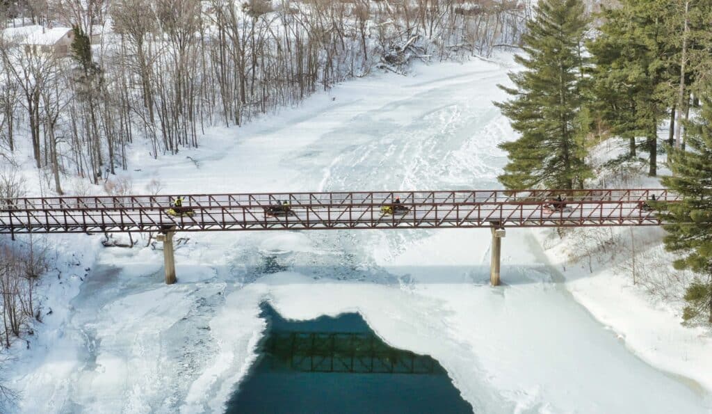 Veterans Bridge Snowmobiling Aerial