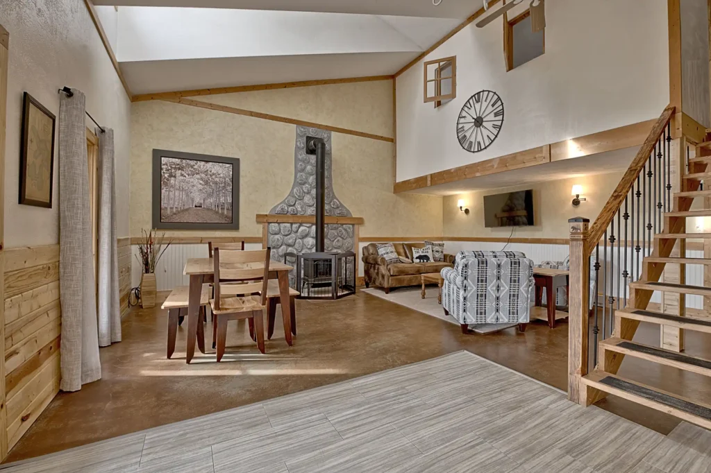 LIVING AND DINING AREA WITH FIREPLACE