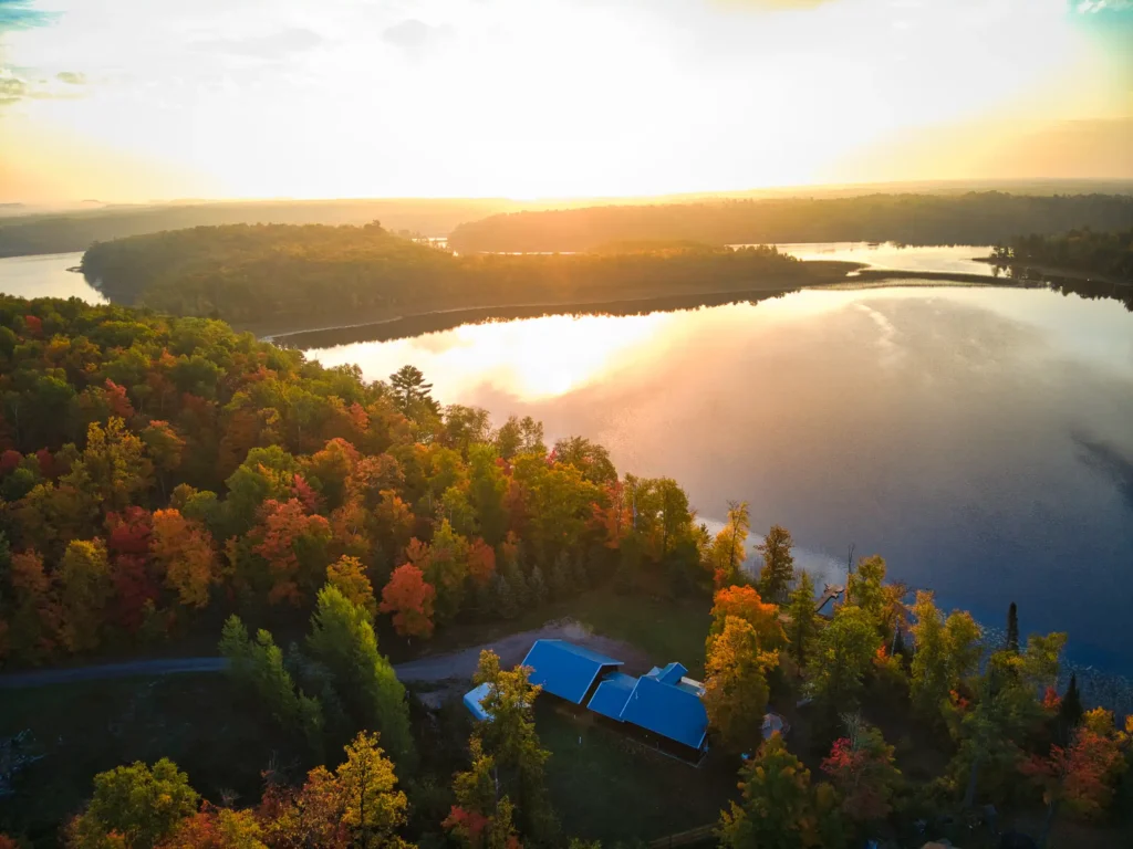 aerial sunrise over 2 lakes
