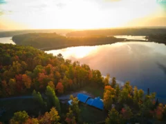 aerial sunrise over 2 lakes